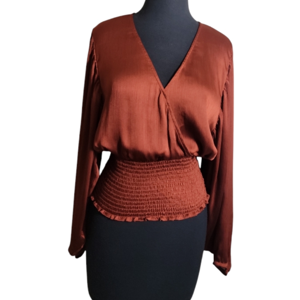 Leyden smocked waist faux wrap v neck top women's small brown balloon sleeve